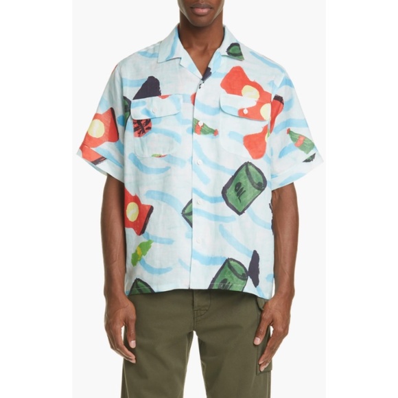 Marni Waste Sea Print Short Sleeve Ramie Button-Up Shirt Size 50 - Picture 1 of 6
